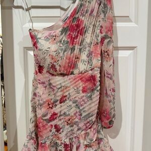Express Floral Pleated One-Shoulder Dress in Pink and Cream